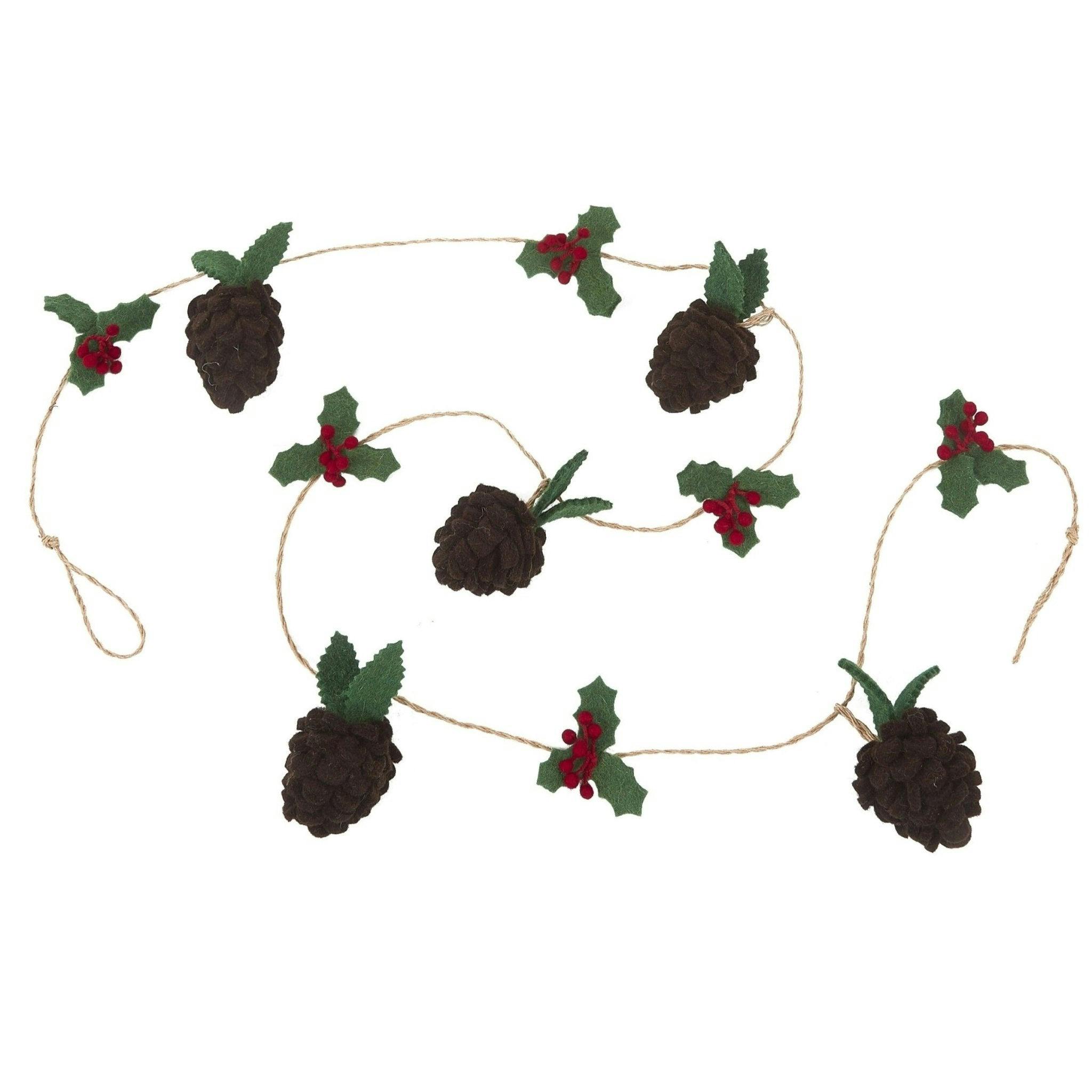 Handmade Christmas Garland and Bunting - Pinecones and Holly Berries Felt and Jute - 6' Arcadia Home