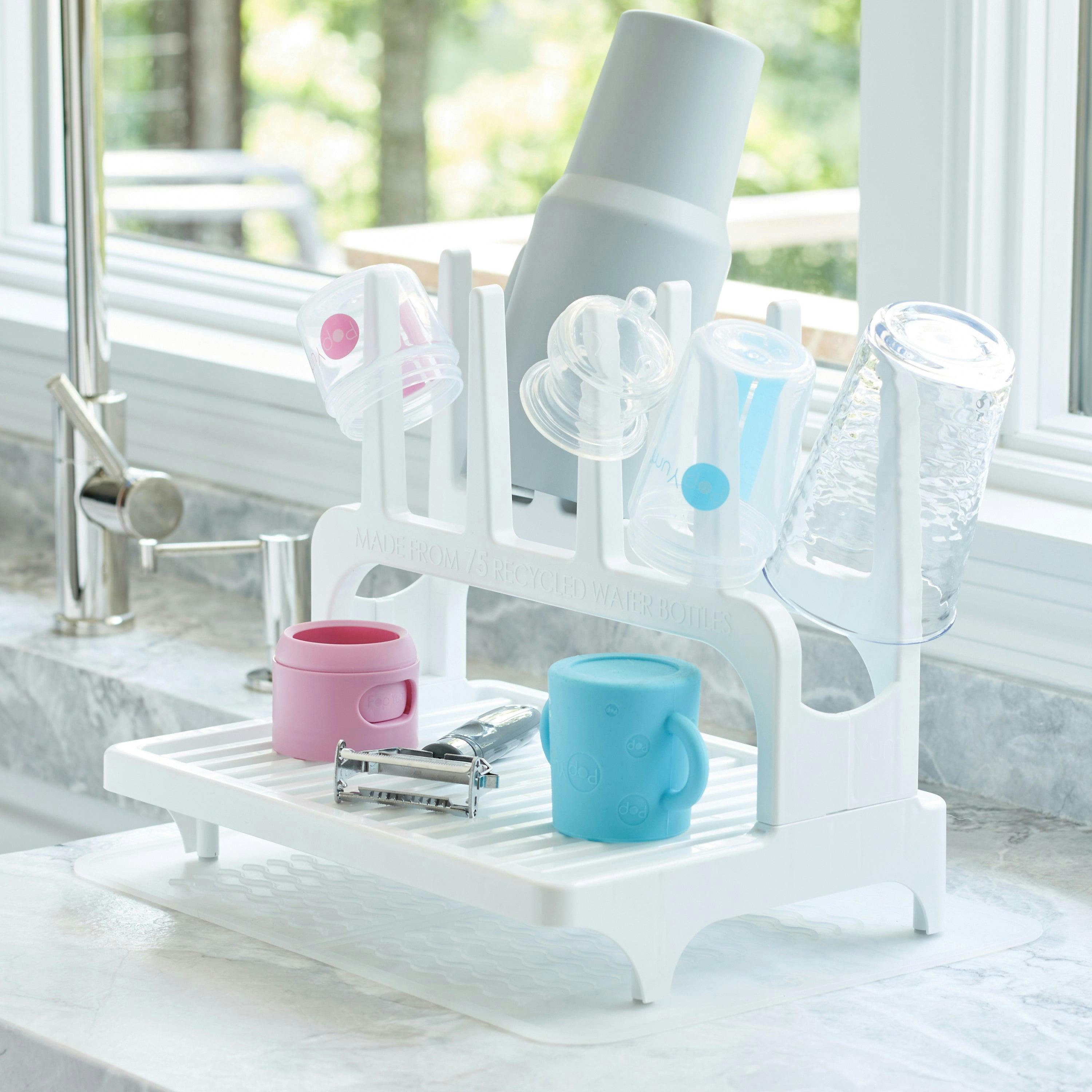 PopYum 9 oz Pink Formula Making Baby Bottle 3-Pk with White Drying Rack & Clear Drying Mat Bundle