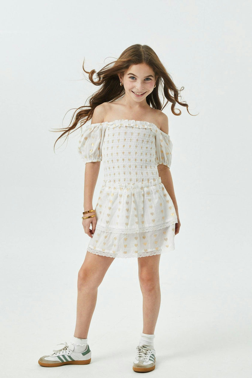 Lexi White Heart Lurex Smocked Short Sleeve Ruffle Dress