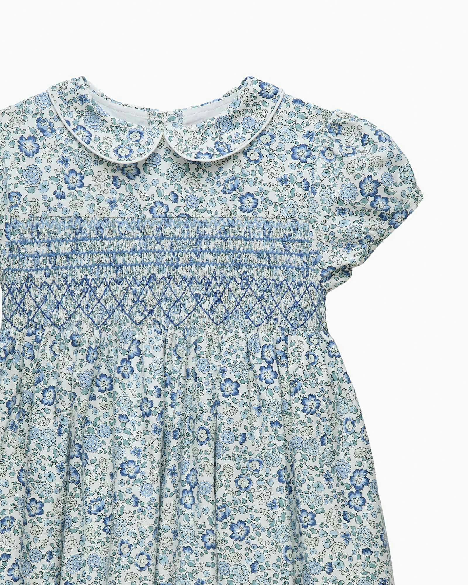 Arabella Floral Smocked Dress in Blue