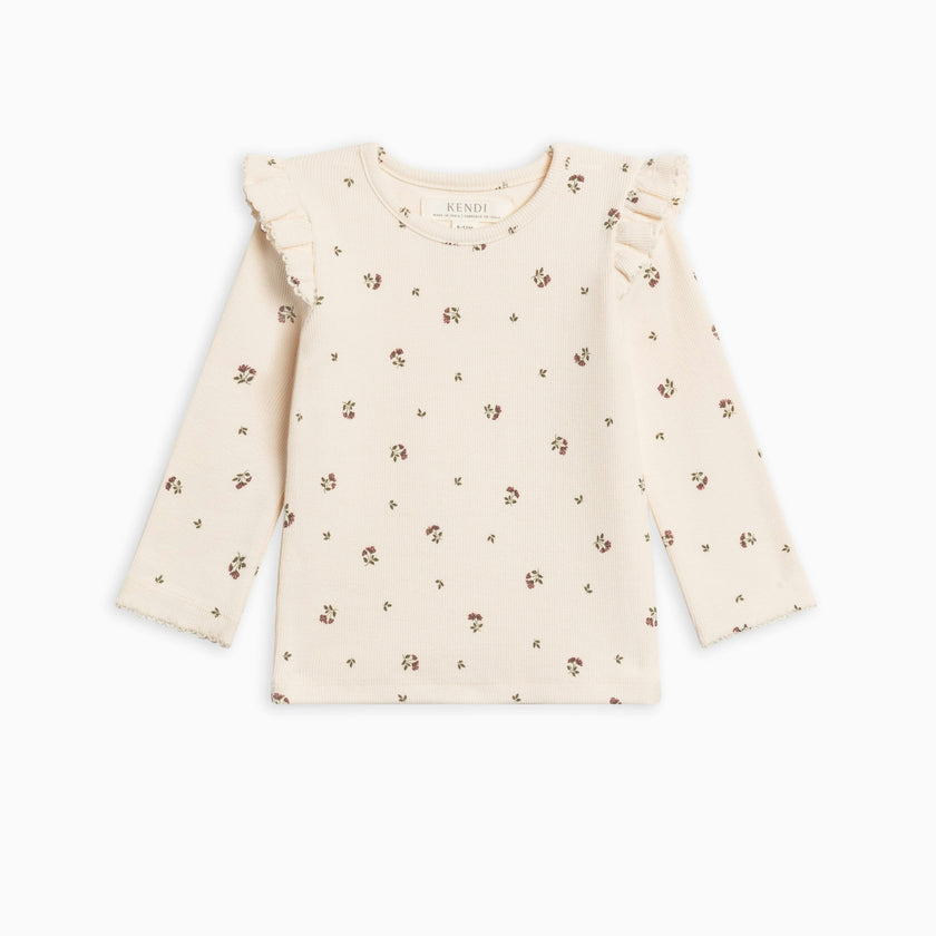 KENDI Rina Ribbed Ruffle Long Sleeve Top