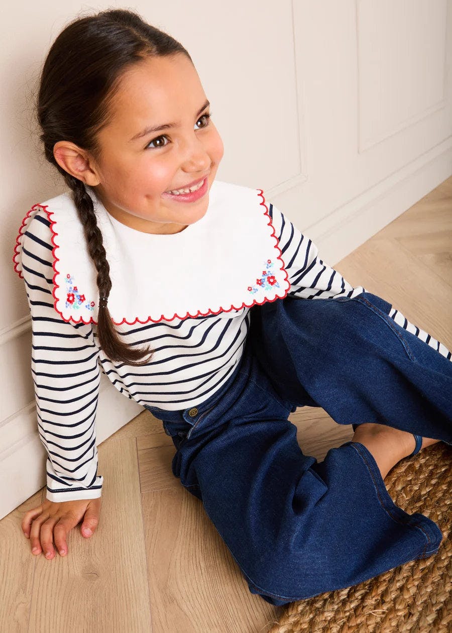 Sailor Stripe Floral Embroidered Mariner Collar Top in White (2-12yrs)