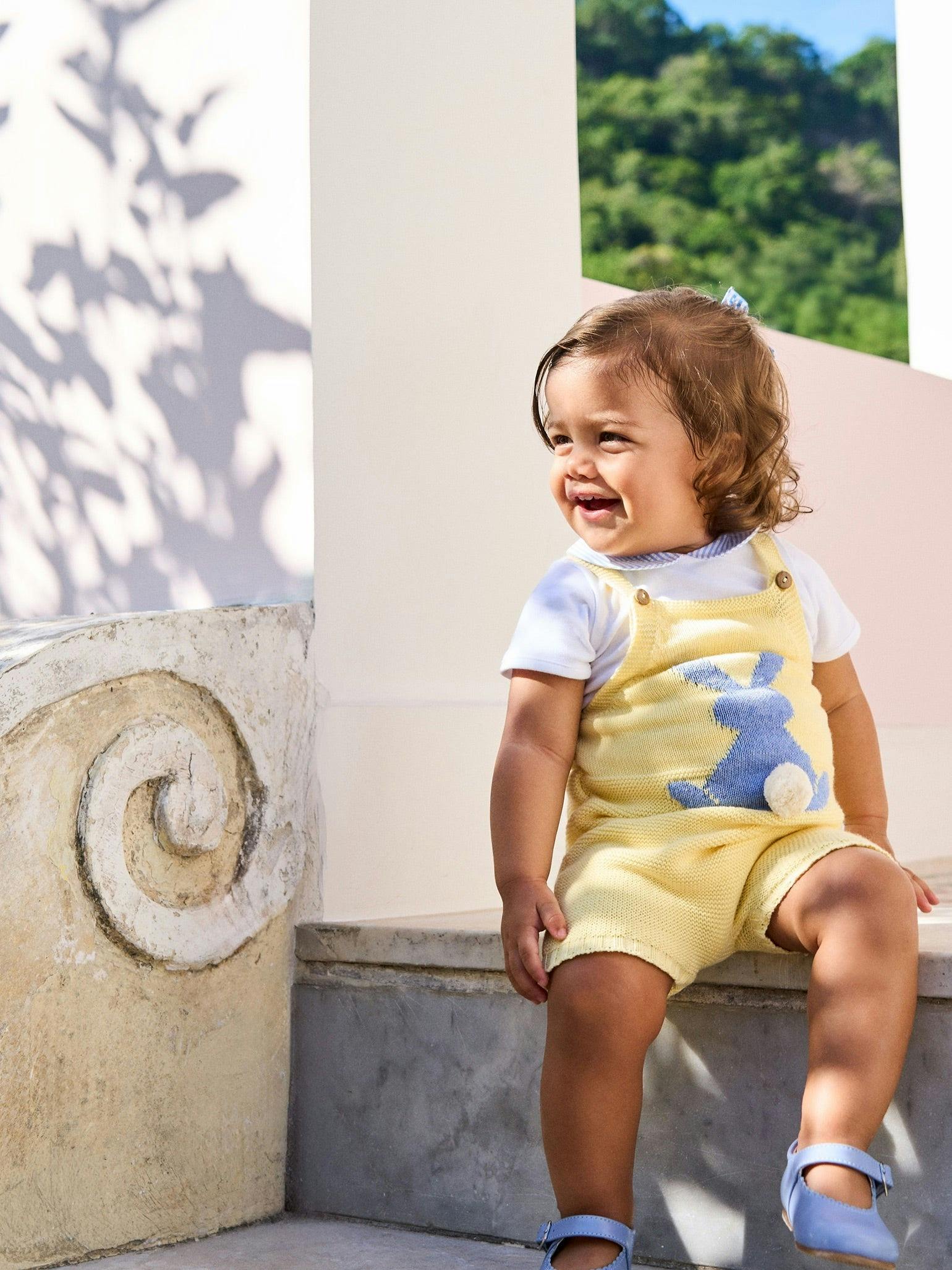 Lemon Crispa Cotton Bunny Baby Knitted Dungarees