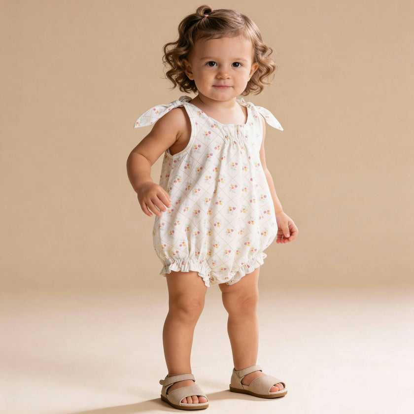 Organic  Tie Shoulder Bubble Romper - Spring Weave