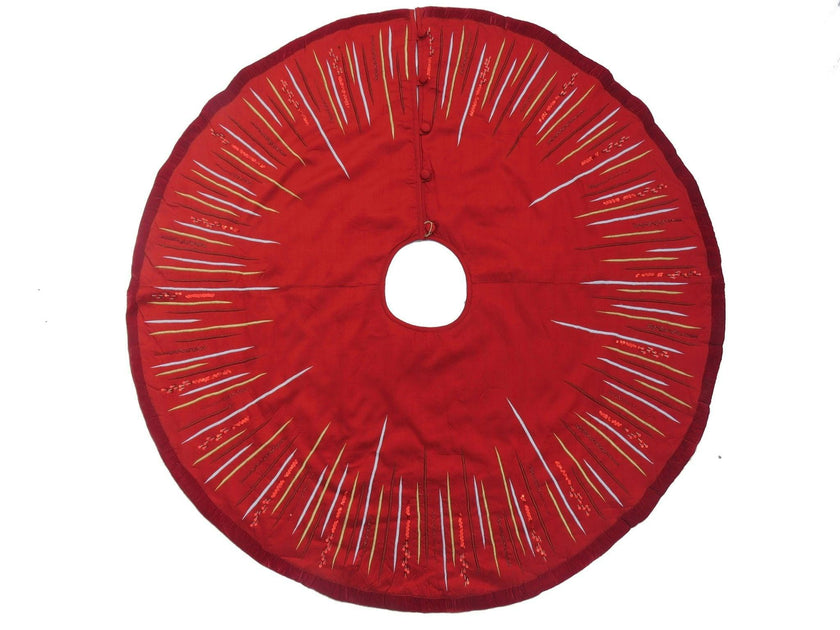 Hand Beaded Starburst Christmas Tree Skirt Red Silk - 60"