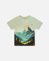 Organic Cotton Jersey T-Shirt With Mountain Print Sage