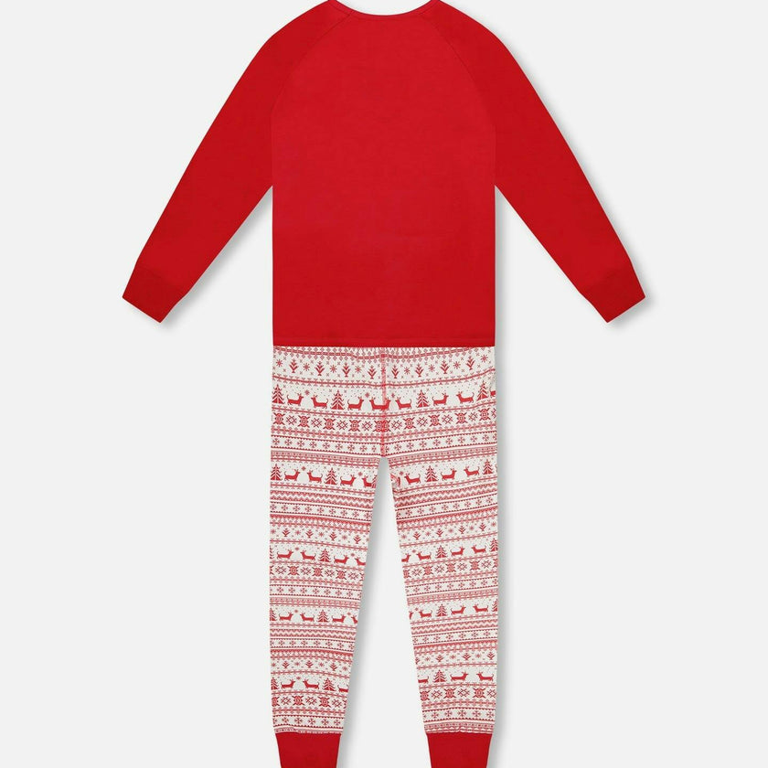 Adult Women Organic Cotton Two-Piece Pajamas Red and White Fairisle