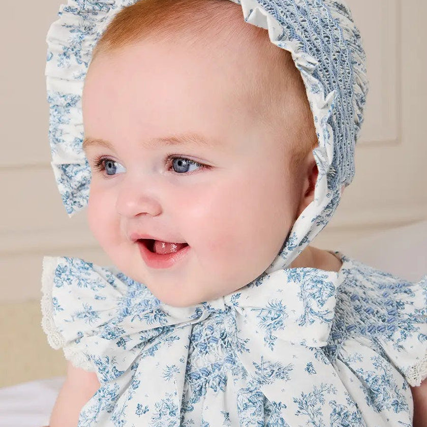 Audrey Toile Capped Sleeve Hand Smocked Dress with Bloomers in Blue (3-12mths)