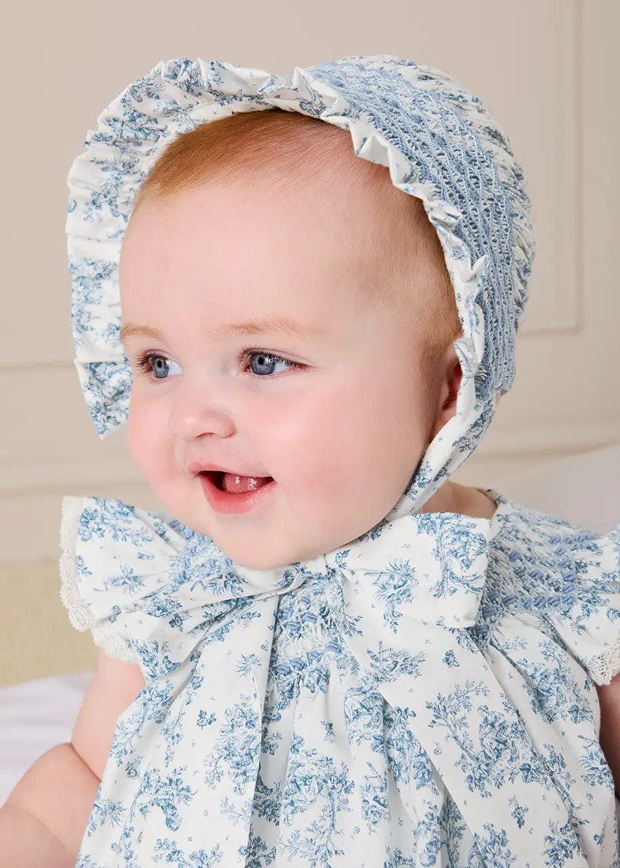 Audrey Toile Capped Sleeve Hand Smocked Dress with Bloomers in Blue (3-12mths)