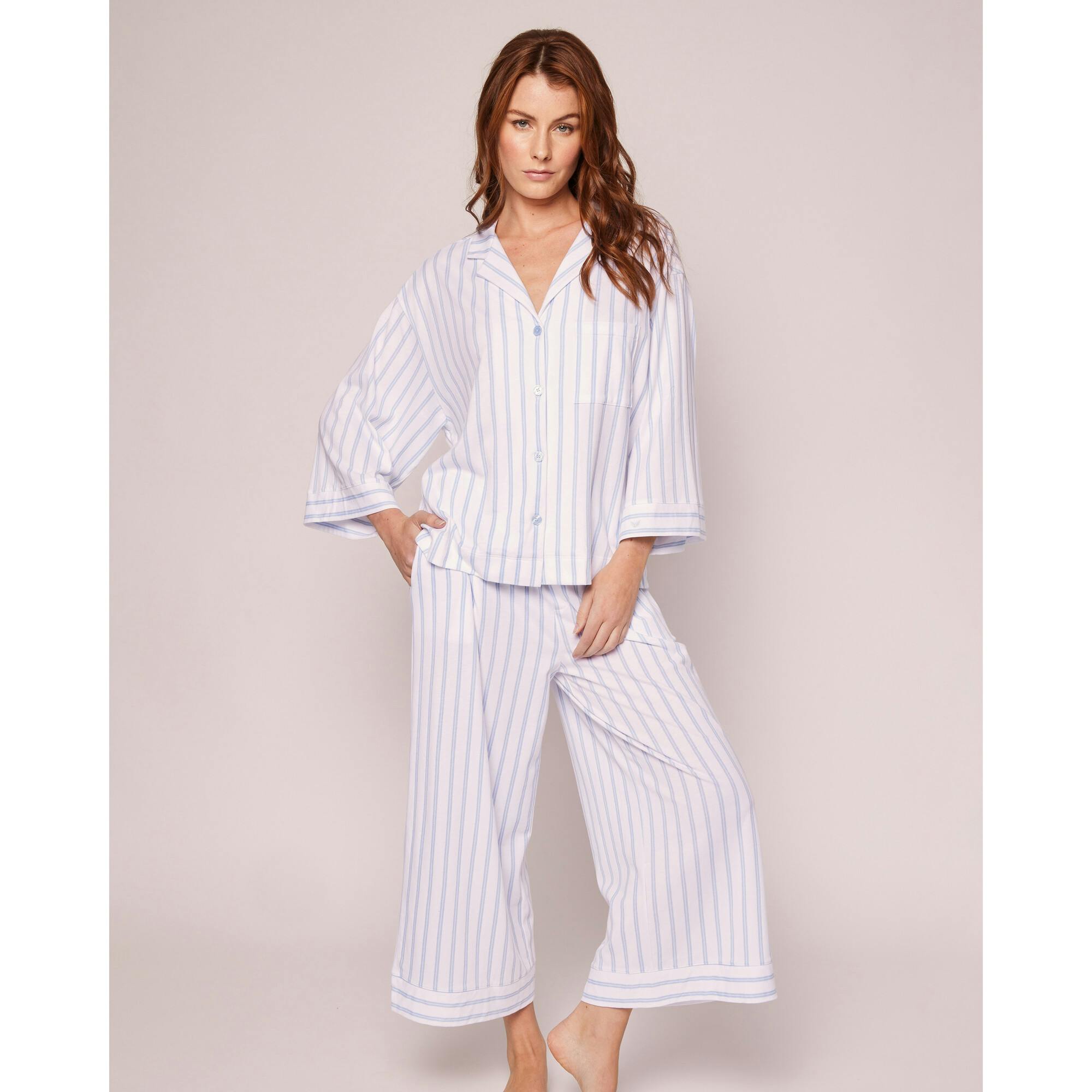 The Olivia Wide Leg Pima Pajama Set in Navy