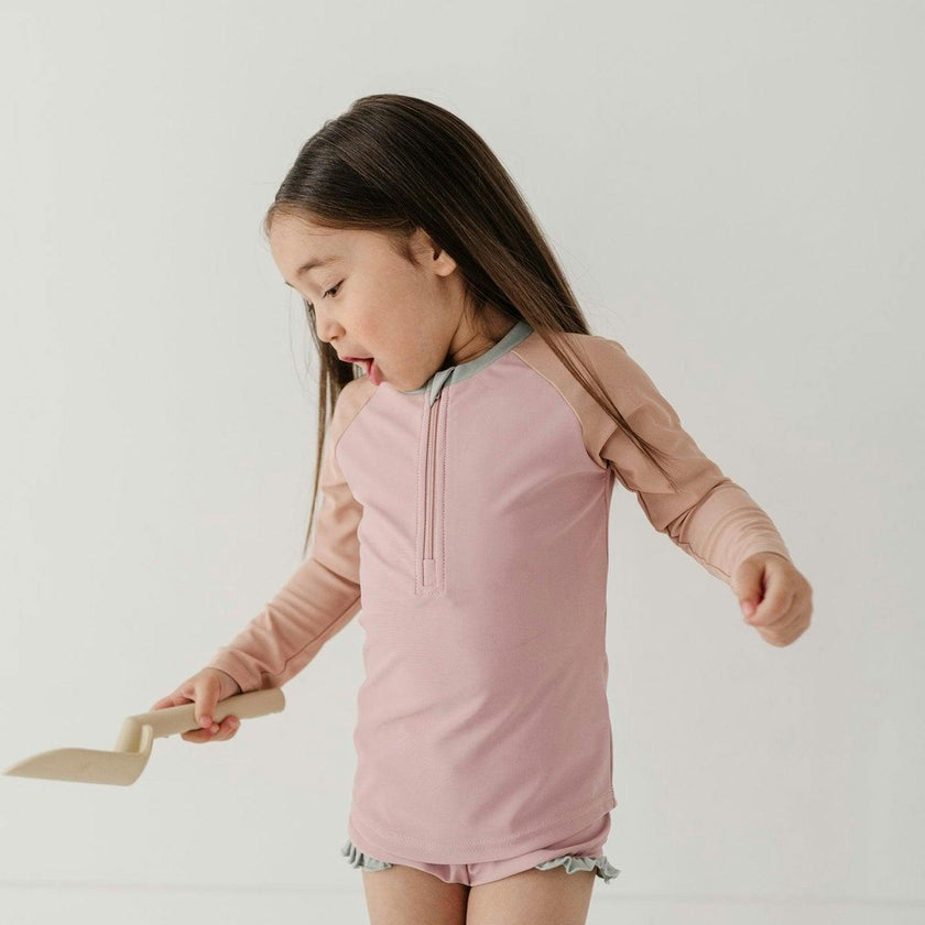 Girls Zip Rash Guard Two-Piece Swimsuit in Mauve Colorblock