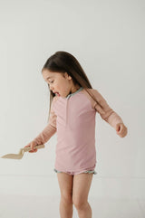 Girls Zip Rash Guard Two-Piece Swimsuit in Mauve Colorblock