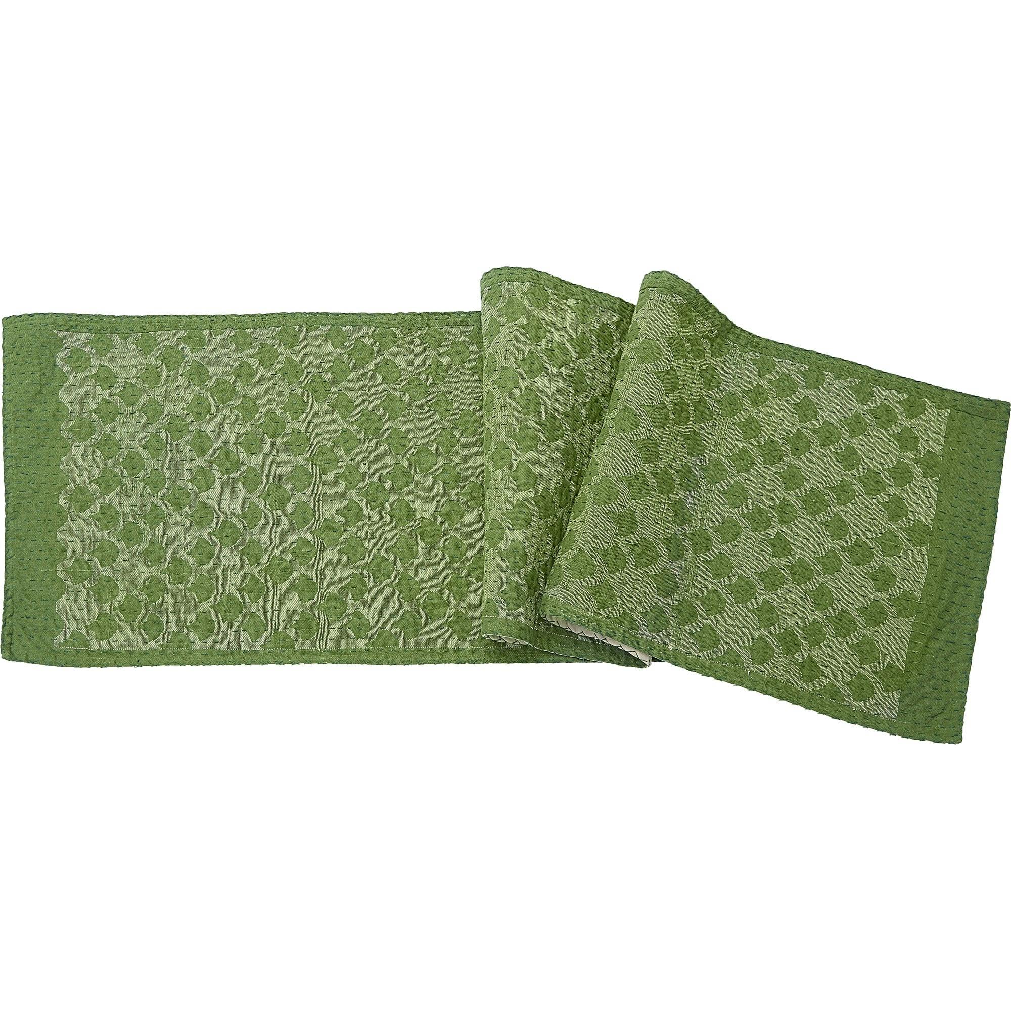 Artisan Hand Loomed Cotton Table Runner - Green Ginkgo - 18