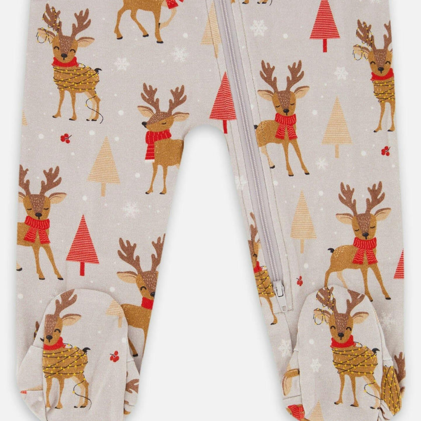One-Piece Organic Cotton Pajama Beige Reindeer Print