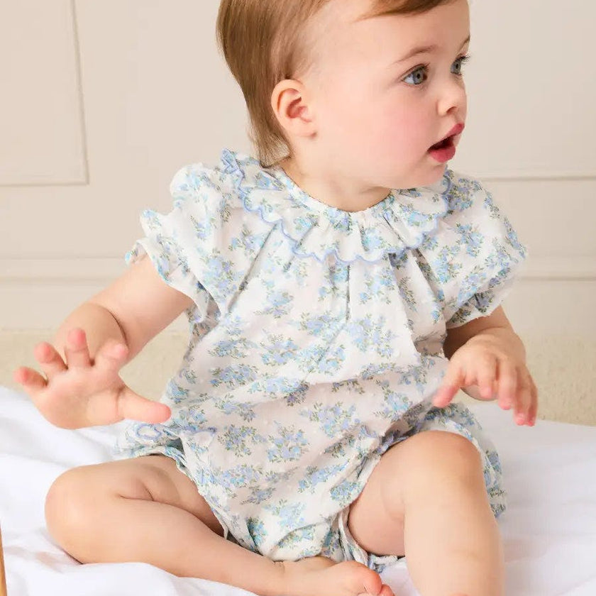 Esme Floral Swiss Voile Scallop Detail All-In-One Pyjamas in Blue (9mths-2yrs)