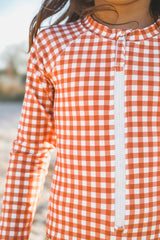 Long Sleeve Rashguard Ruffle Swimsuit | Sienna Gingham