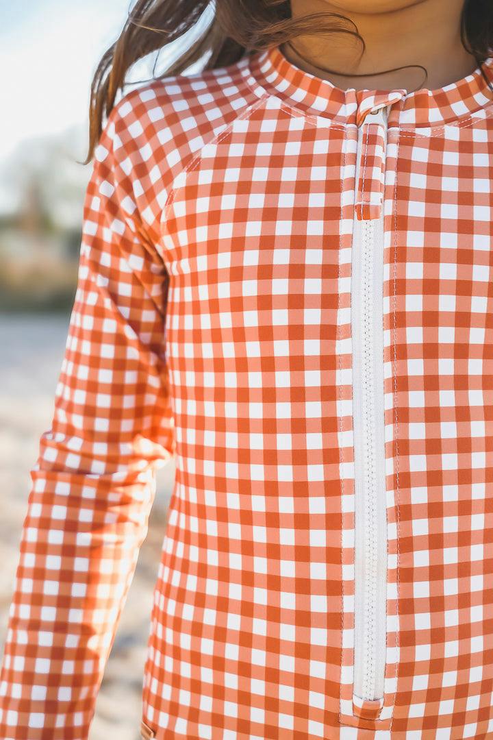 Long Sleeve Rashguard Ruffle Swimsuit | Sienna Gingham