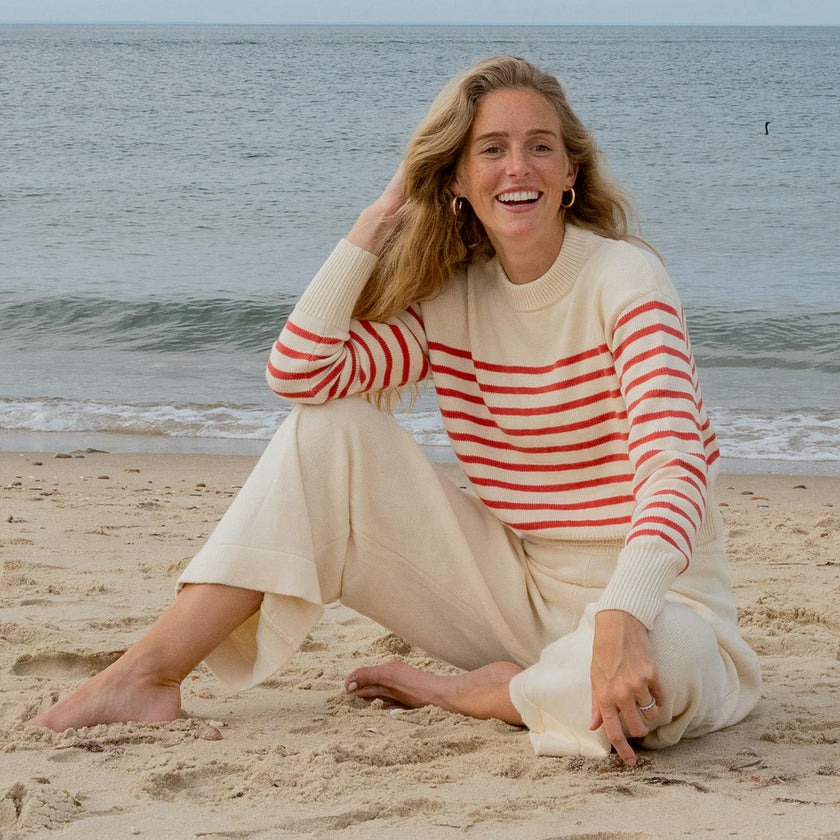 Women's Cream And Red Stripe Cropped Sweater