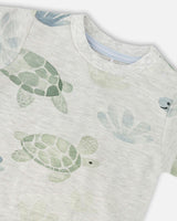Jersey T-Shirt And Organic Cotton Jersey Shorts Set Grey Mix Turtle Print And Medium Blue