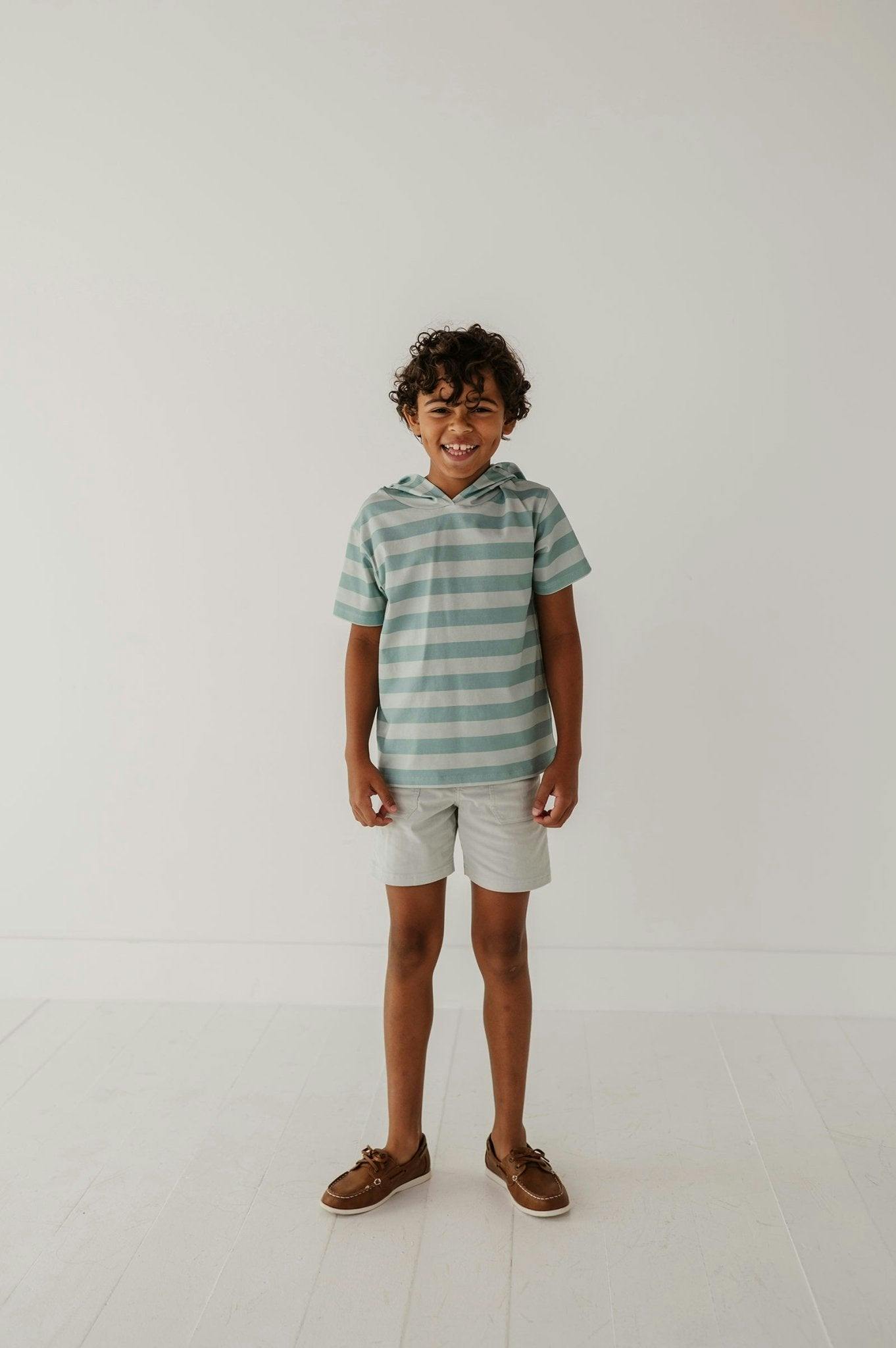 Boys Short Sleeve Hoodie Pullover in Sky Blue Stripe
