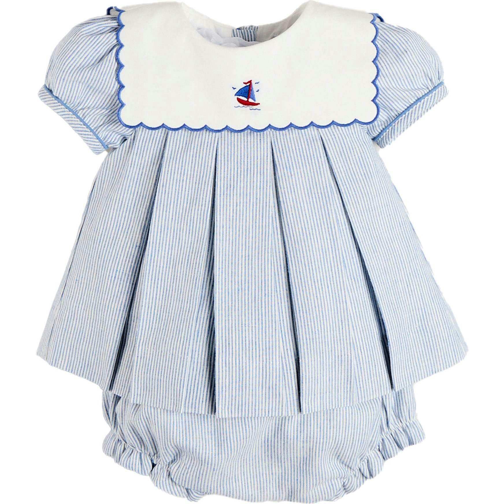 Alexander Stripe Mariner Collar Embroidered Boat Detail Dress with Bloomers in Blue (6mths-3yrs)