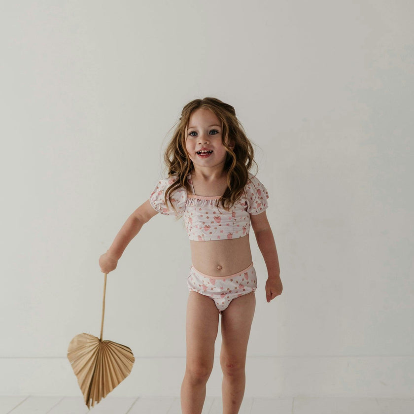 Girls Puff Sleeve Two-Piece Swimsuit in Strawberries