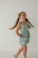 Girls Ruffle Strap Shorts Romper in Medallion Boho