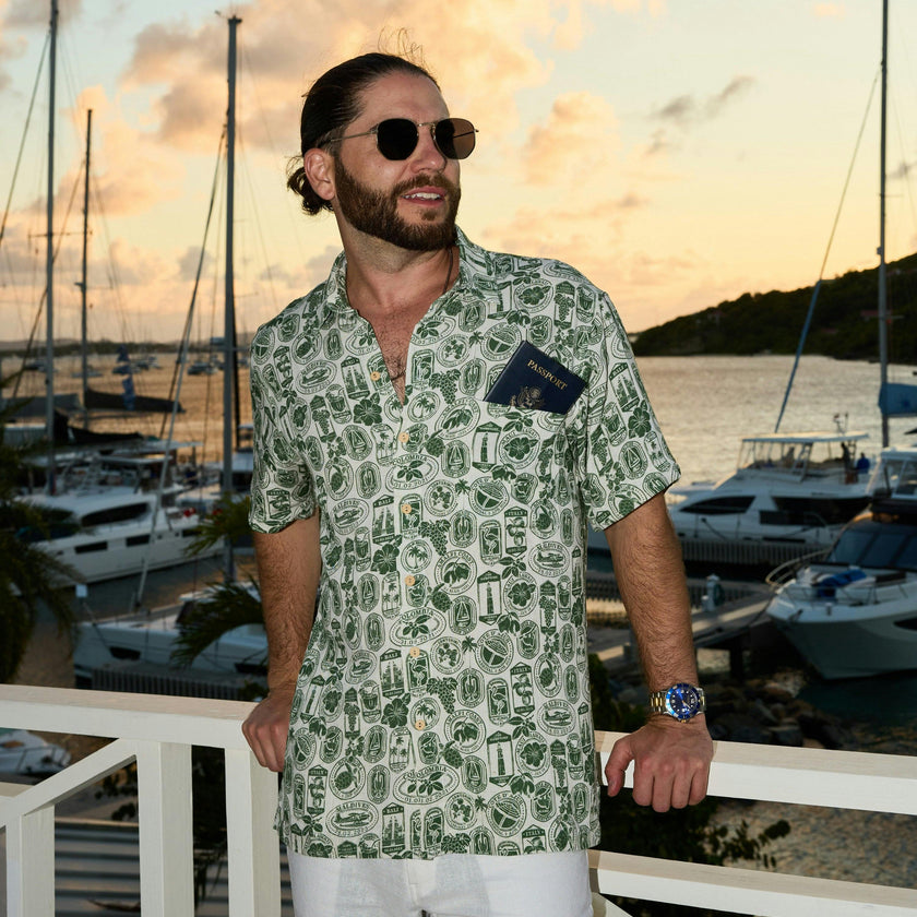 The Passport to Paradise - Men's Linen Passport Stamp Hawaiian Shirt