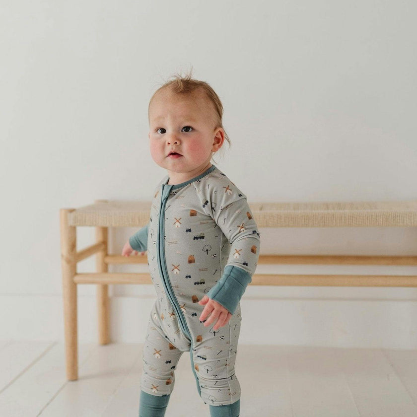 Baby Boy Long Sleeve Zip Romper in Farm