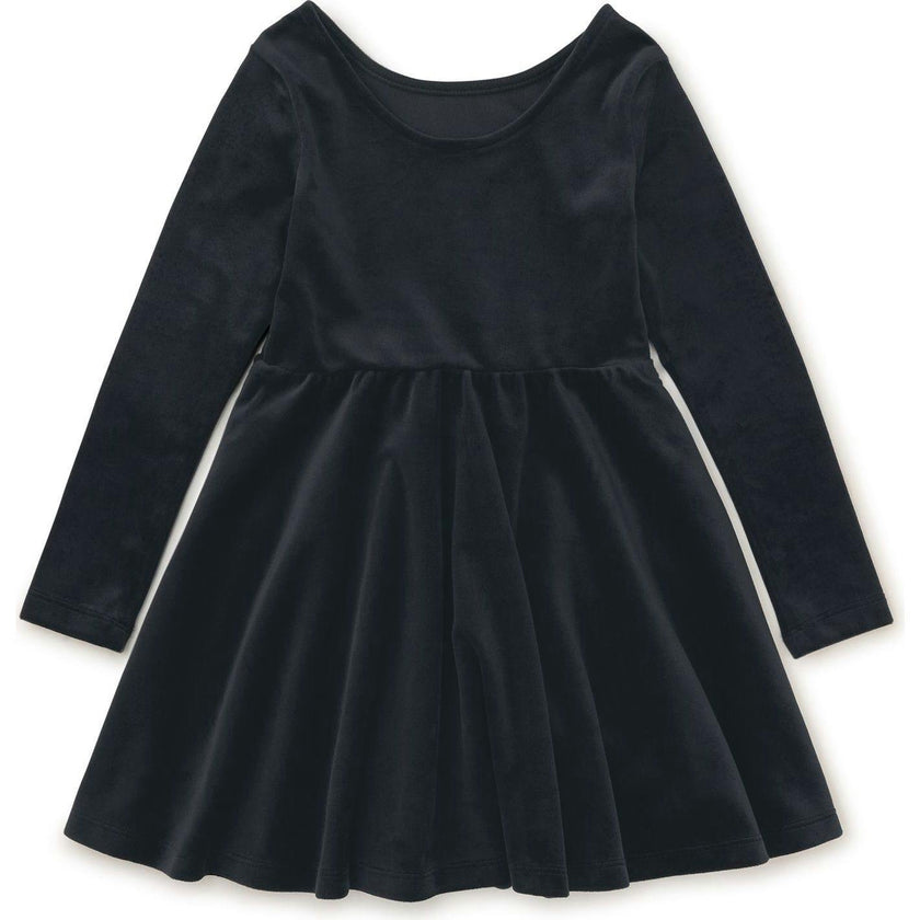 Velour Boat Neck Long Sleeve Ballet Skirt Dress, Black