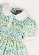 Louisa Floral Hand Smocked Short Sleeve Dress in Blue (18mths- 10yrs)
