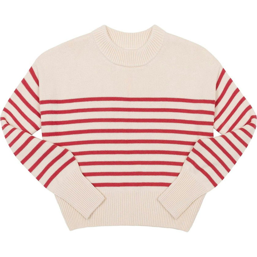 Women's Cream And Red Stripe Cropped Sweater