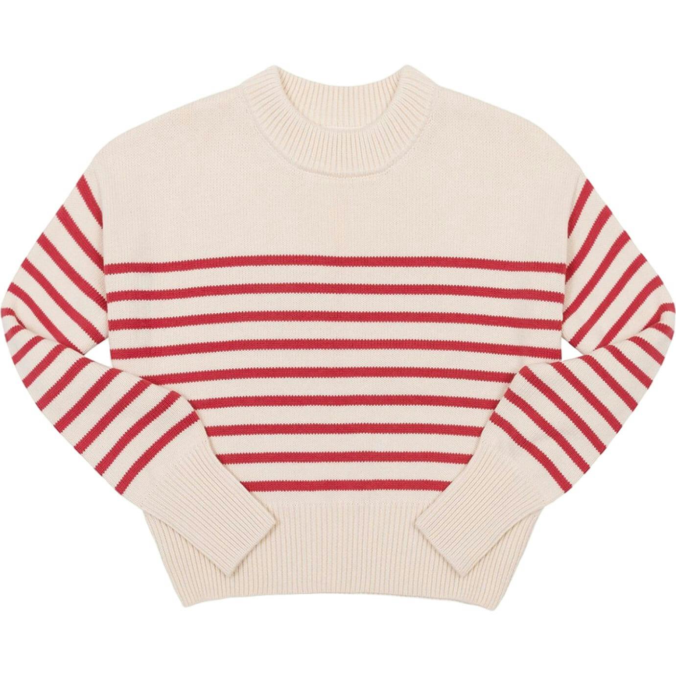 Women's Cream And Red Stripe Cropped Sweater