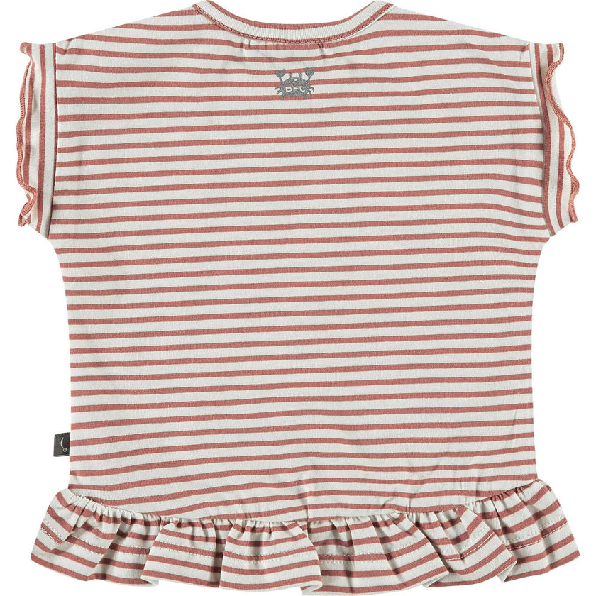 Crew Neck Ruffle Shoulder Peplum Waist Striped Top