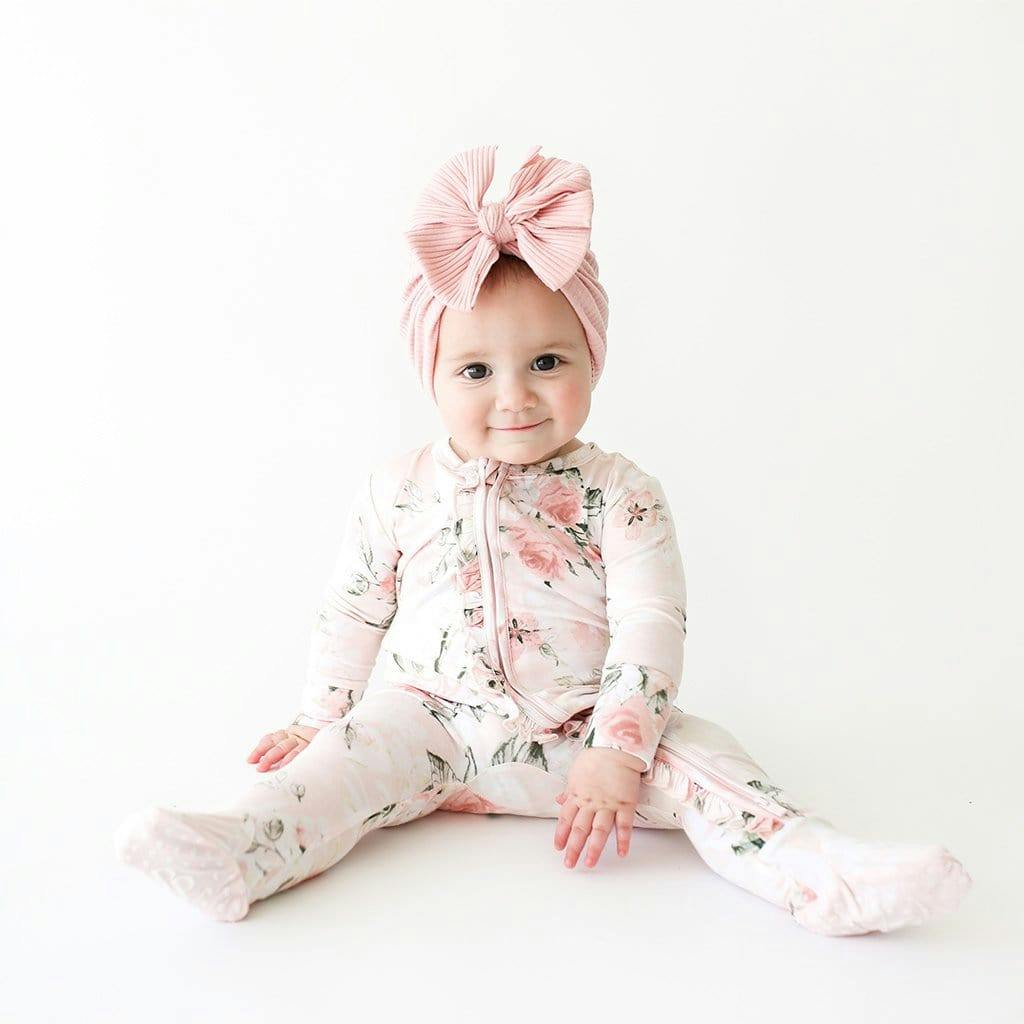 Vintage Pink Rose Footie Ruffled Zippered One Piece