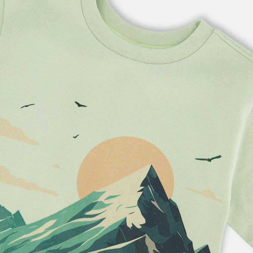 Organic Cotton Jersey T-Shirt With Mountain Print Sage