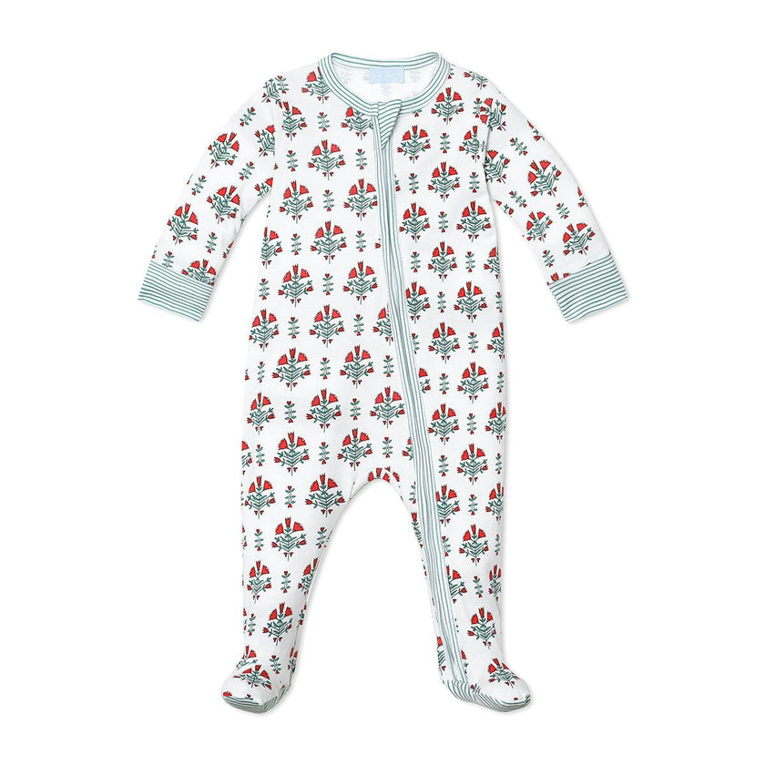 Poinsettia Block Print Zip Baby Onesie
