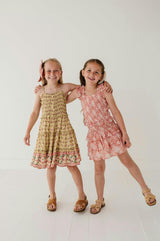 Girls Smock Button Front Tiered Dress in Rose Border