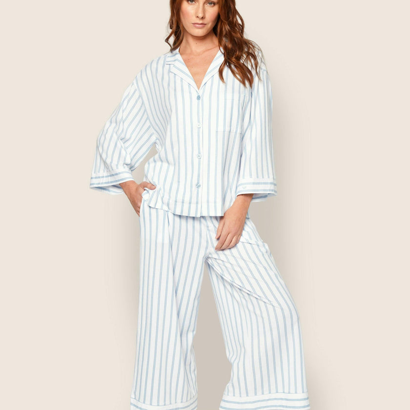 The Olivia Wide Leg Pima Pajama Set in Periwinkle Stripe