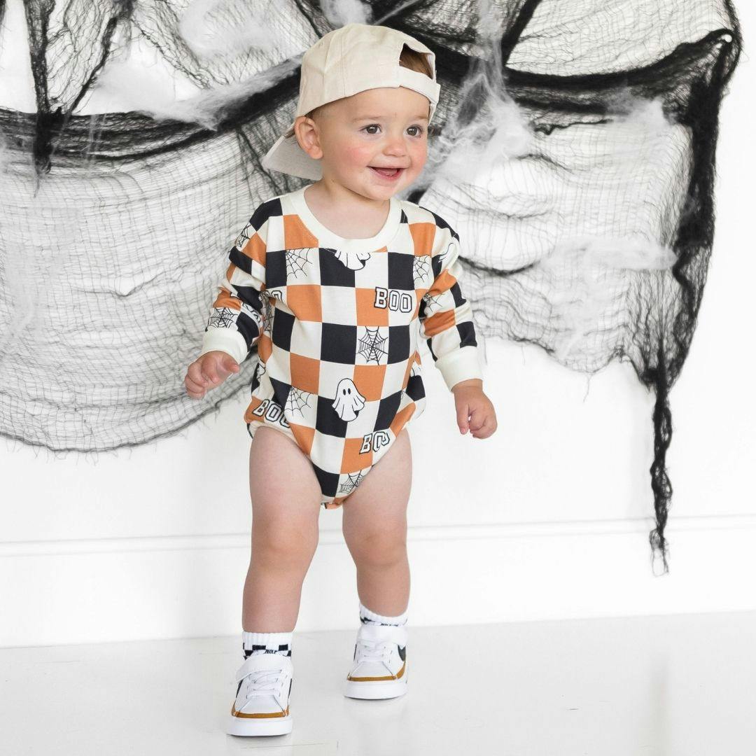 Boo Checkered Halloween Long Sleeve Romper