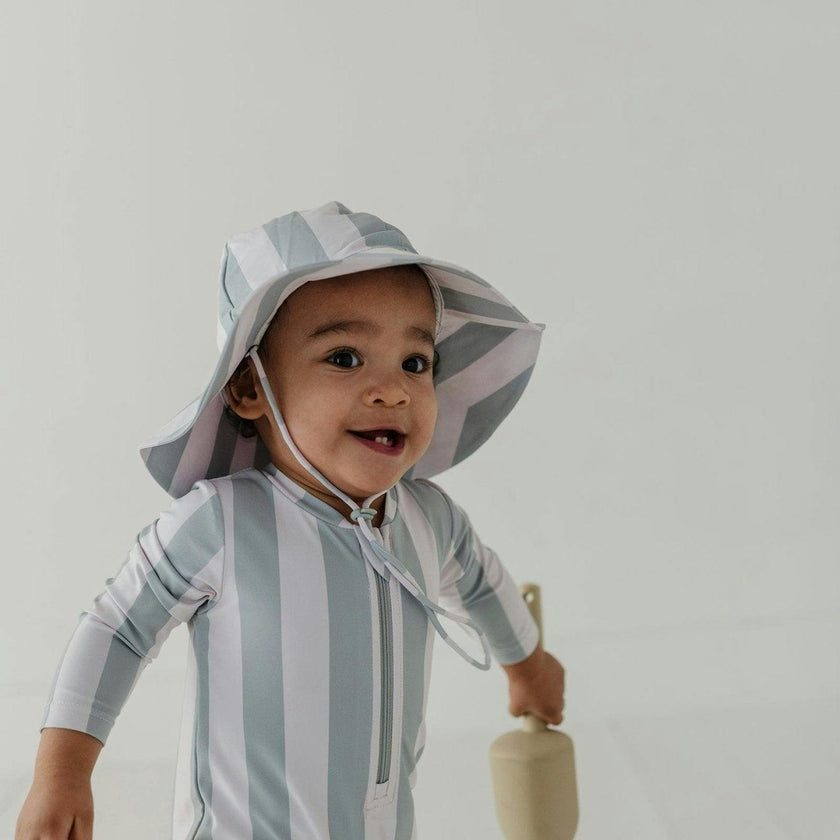Baby Boy One-Piece Rash Guard Swimsuit in Aqua Grey Stripe