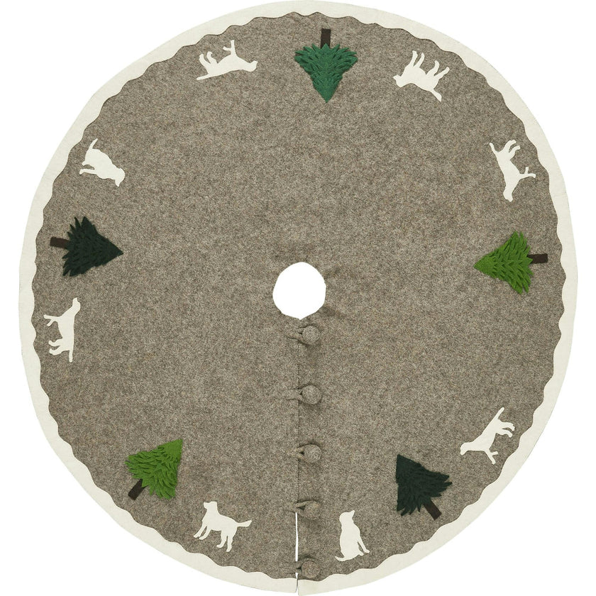 Cream Dogs and Green Trees Christmas Tree Skirt Gray Hand Felted Wool - 60" / 72" Arcadia Home