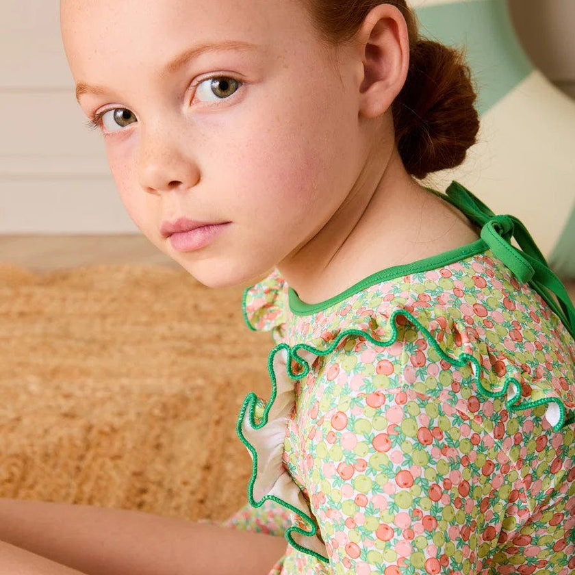 Annie Apple Print Ruffle Detail Long Sleeve Swimsuit in Green (12mths- 10yrs)
