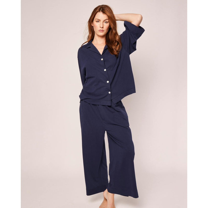 The Olivia Wide Leg Pima Pajama Set in Periwinkle Stripe