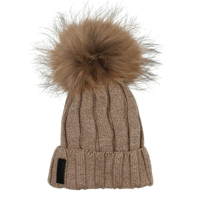Ribbed Merino Wool Faux Fur Pom Pom Hat