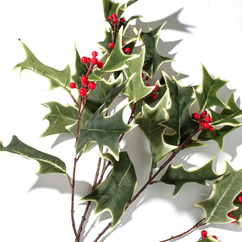 Green Variegated Large Holly Berry Branch Faux Christmas Botanical Winter Foliage - 31"