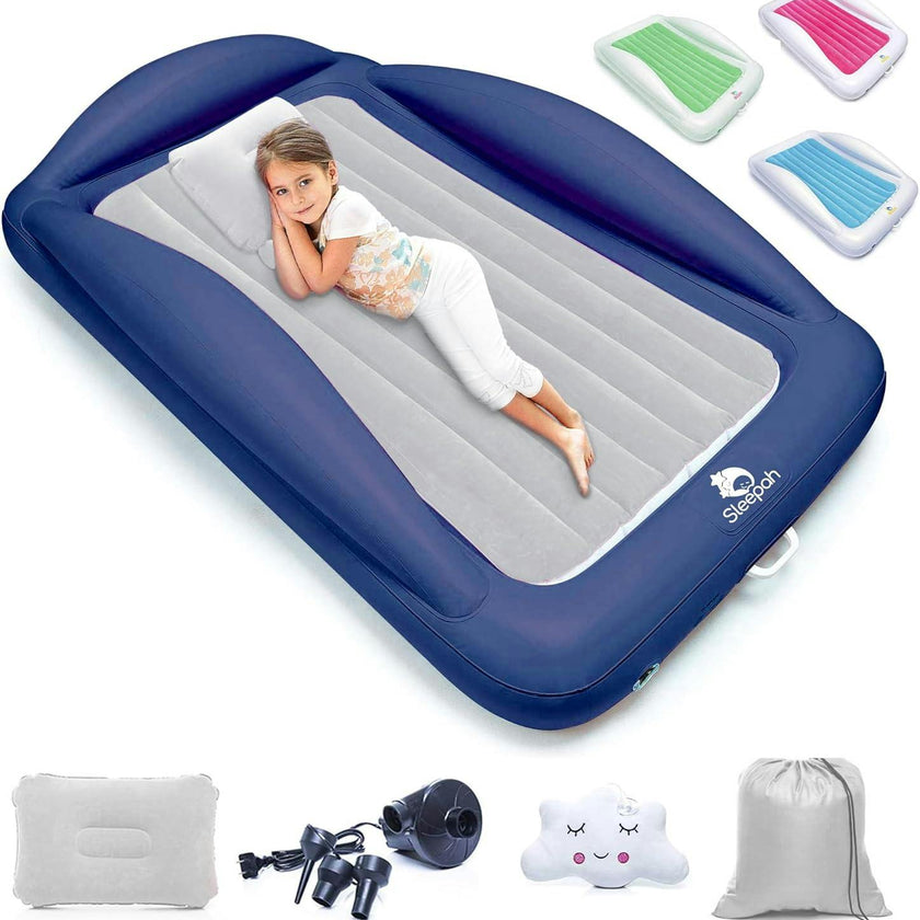 Sleepah Inflatable Toddler Travel Bed Portable Kids Air Mattress Set w Safety Bed Rail Guards for Kids & Toddlers – Set Includes Pump, Carry Case, Pillow