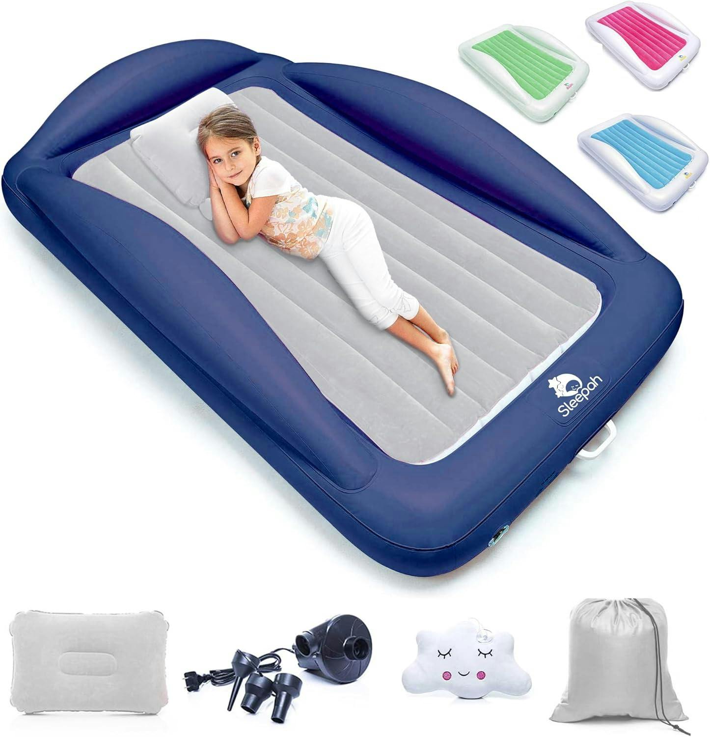 Sleepah Inflatable Toddler Travel Bed Portable Kids Air Mattress Set w Safety Bed Rail Guards for Kids & Toddlers – Set Includes Pump, Carry Case, Pillow