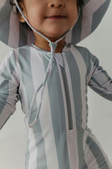 Baby Boy One-Piece Rash Guard Swimsuit in Aqua Grey Stripe