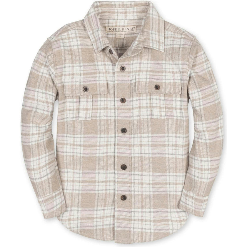 Big Kids Organic Long Sleeve Flannel Shirt with Double Flap Pockets, Beige